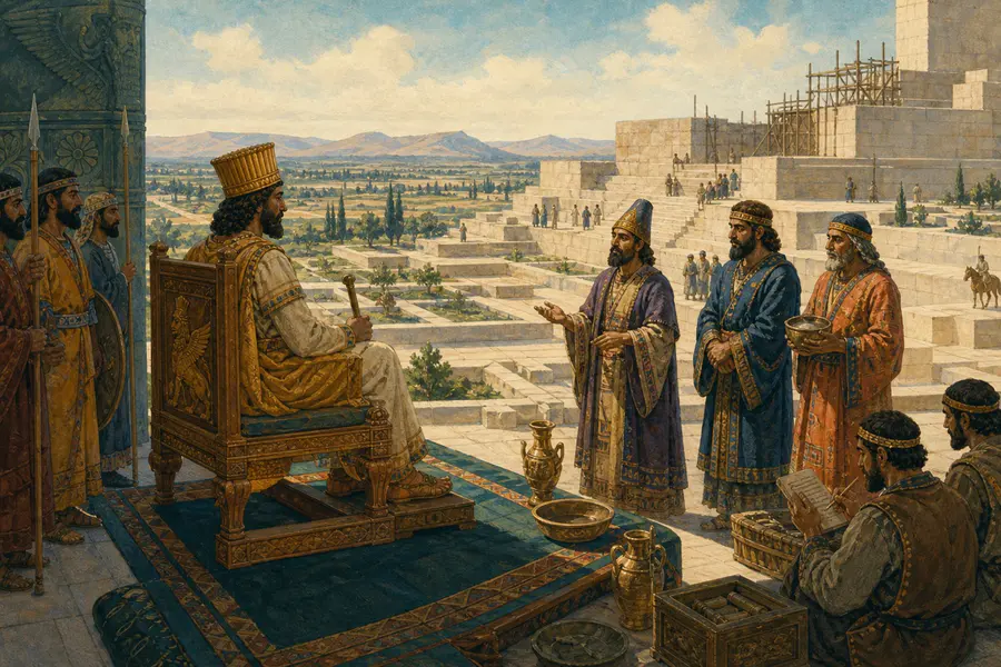 Artist's reconstruction of Cyrus receiving envoys at the emerging royal centre of Pasargadae